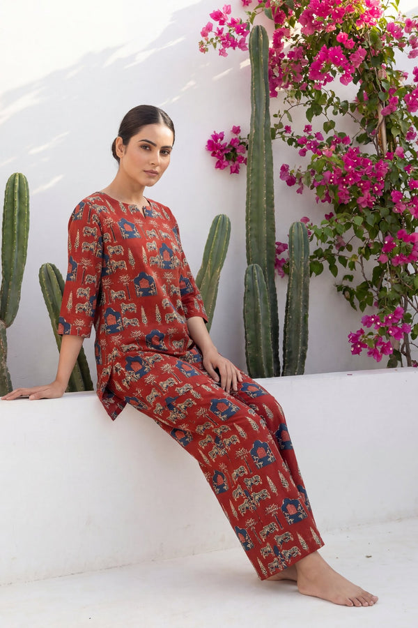 Pichwai Heritage Rust Cotton Co-ord Set
