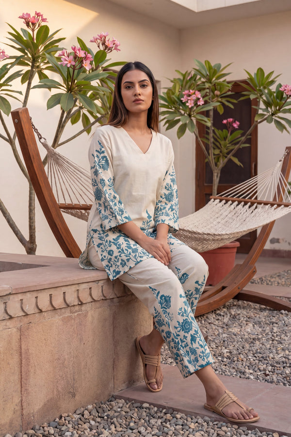 Indigo Damask Off-White & Cobalt Floral Cotton Co-ord Set
