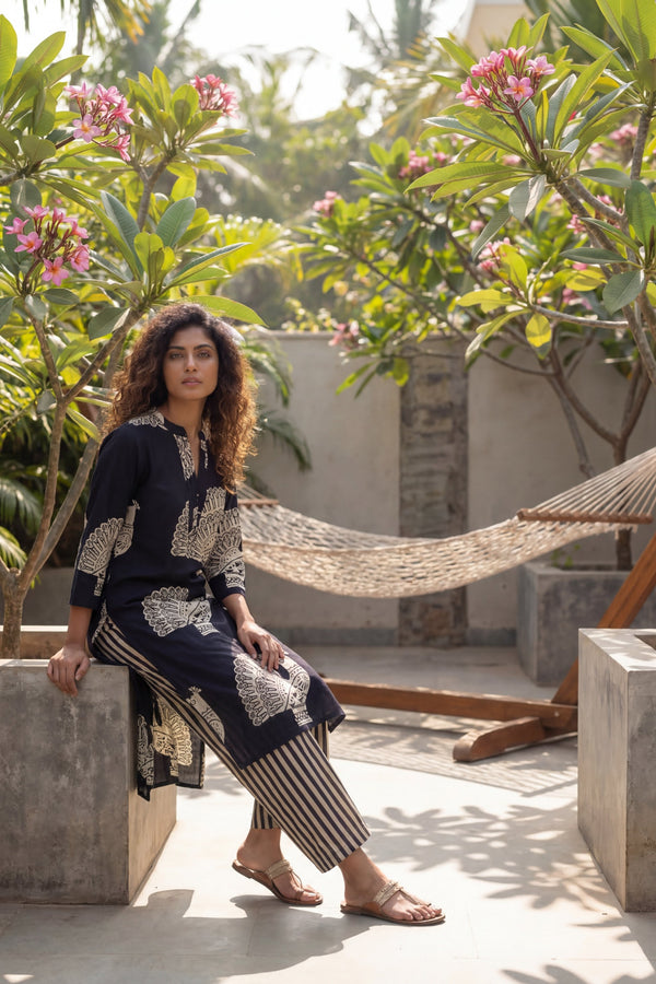 Majestic Peacock Black Cotton Dupatta Set