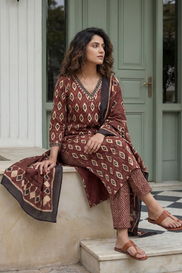 Burgundy Brilliance Cotton Kurta Dupatta Set