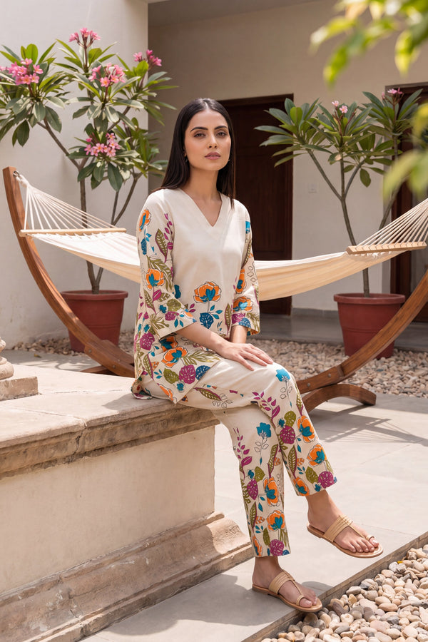 Papaya Grove Ivory Scattered Floral Cotton Co-ord Set