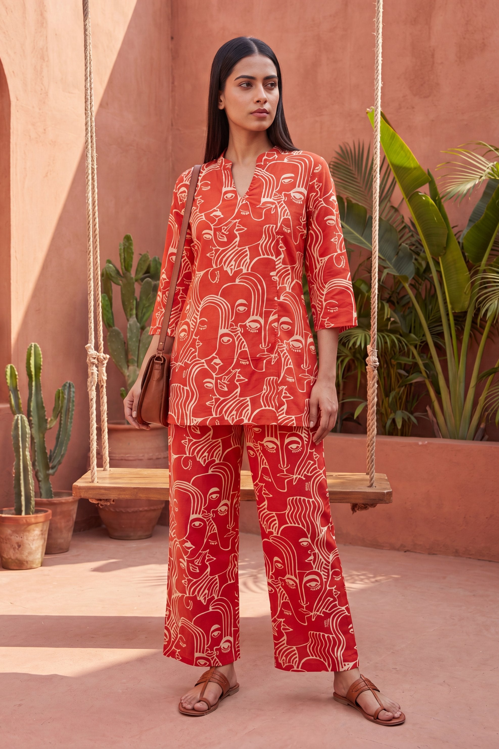 Sunlit Bloom Orange Anghrakha Cotton Co-ord Set