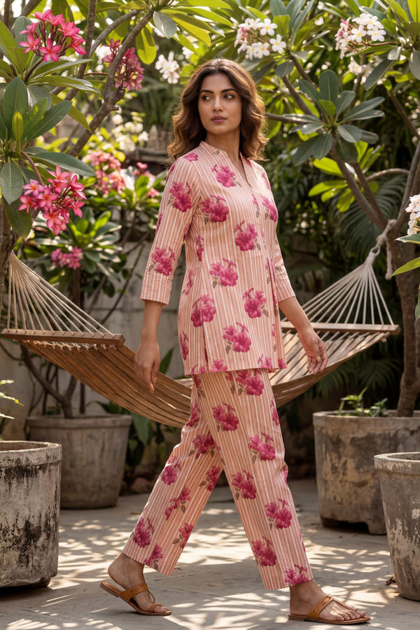 Blossom Stripe Peach Cotton Co-ord Set
