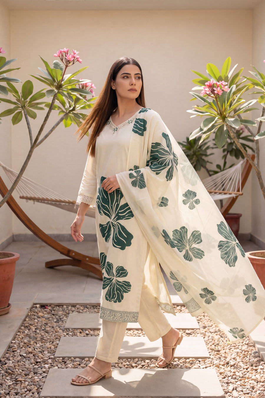 Sheesham Grove Ivory Leaf Print Cotton Suit Set — image 6