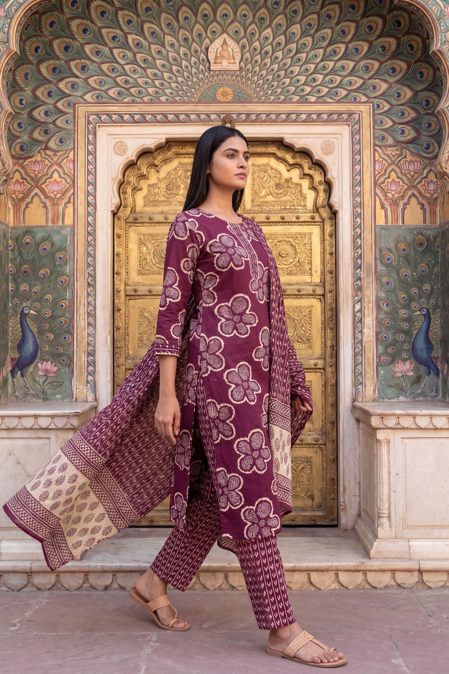 Woven Katha Plum Floral Cotton Suit Set — image 5