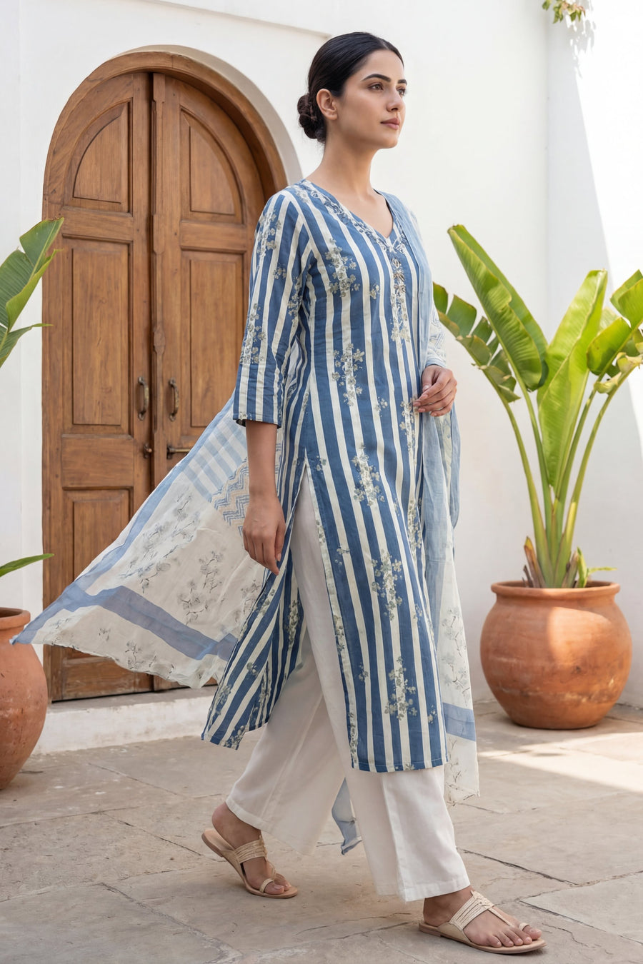 Slate Sprig Elegance Stripe Cotton Dupatta Set — image 9