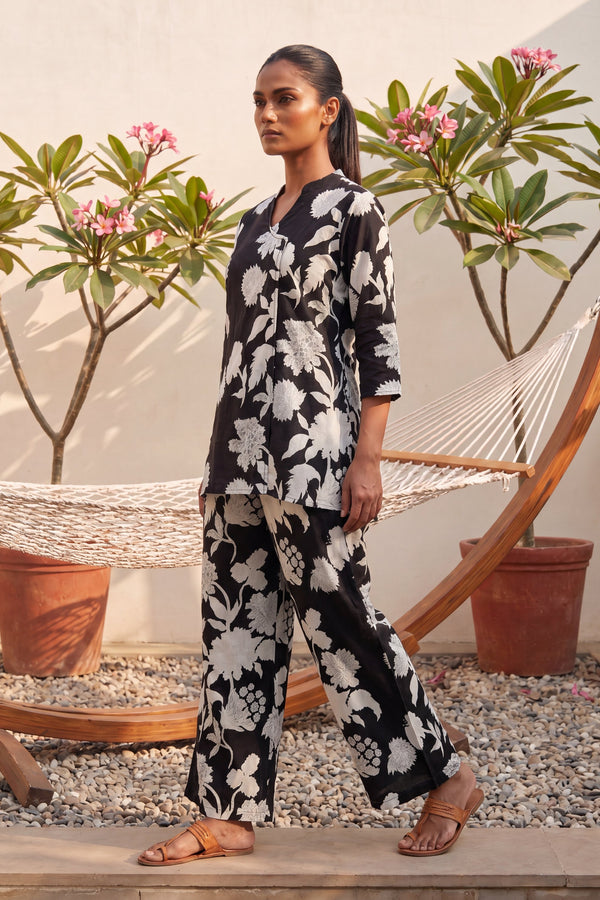 Royal Gardens Black Floral Print Angrakha Cotton Co-ord Set