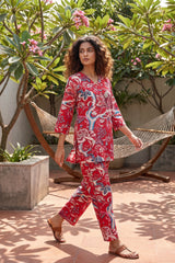Avian Bloom Red Cotton Co-ord Set