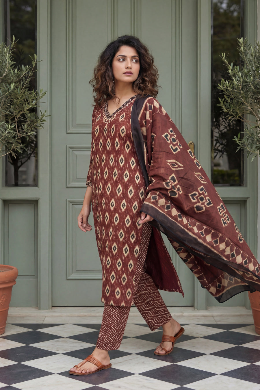 Burgundy Brilliance Cotton Kurta Dupatta Set — image 8