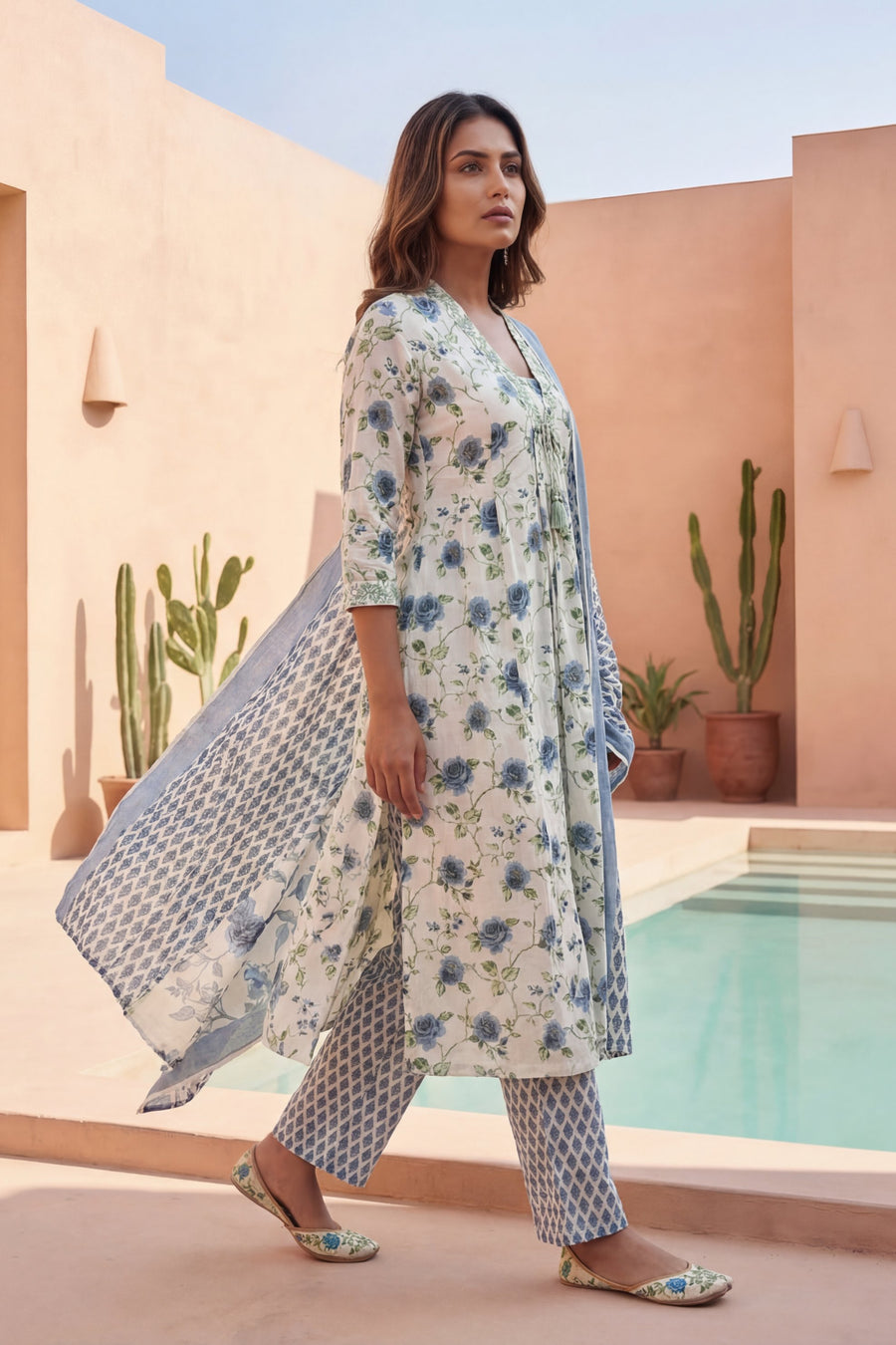 Ivory Rose Garden Blue Floral Cotton Dupatta Set — image 10