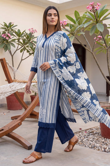 Shibori Mist Denim Dusk Striped & Floral Cotton Suit Set