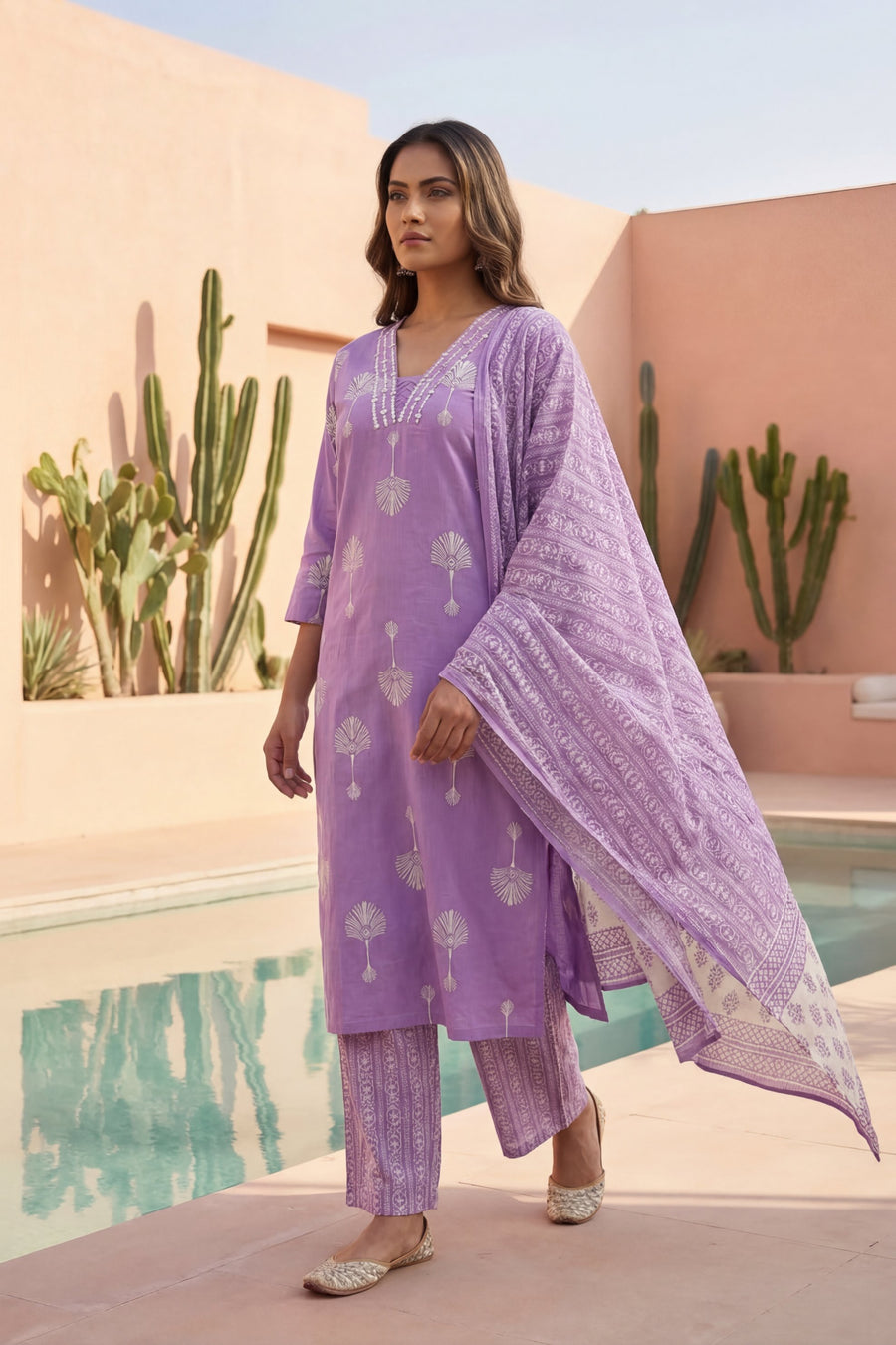Lilac Palm Reverie Boota Cotton Dupatta Set — image 5