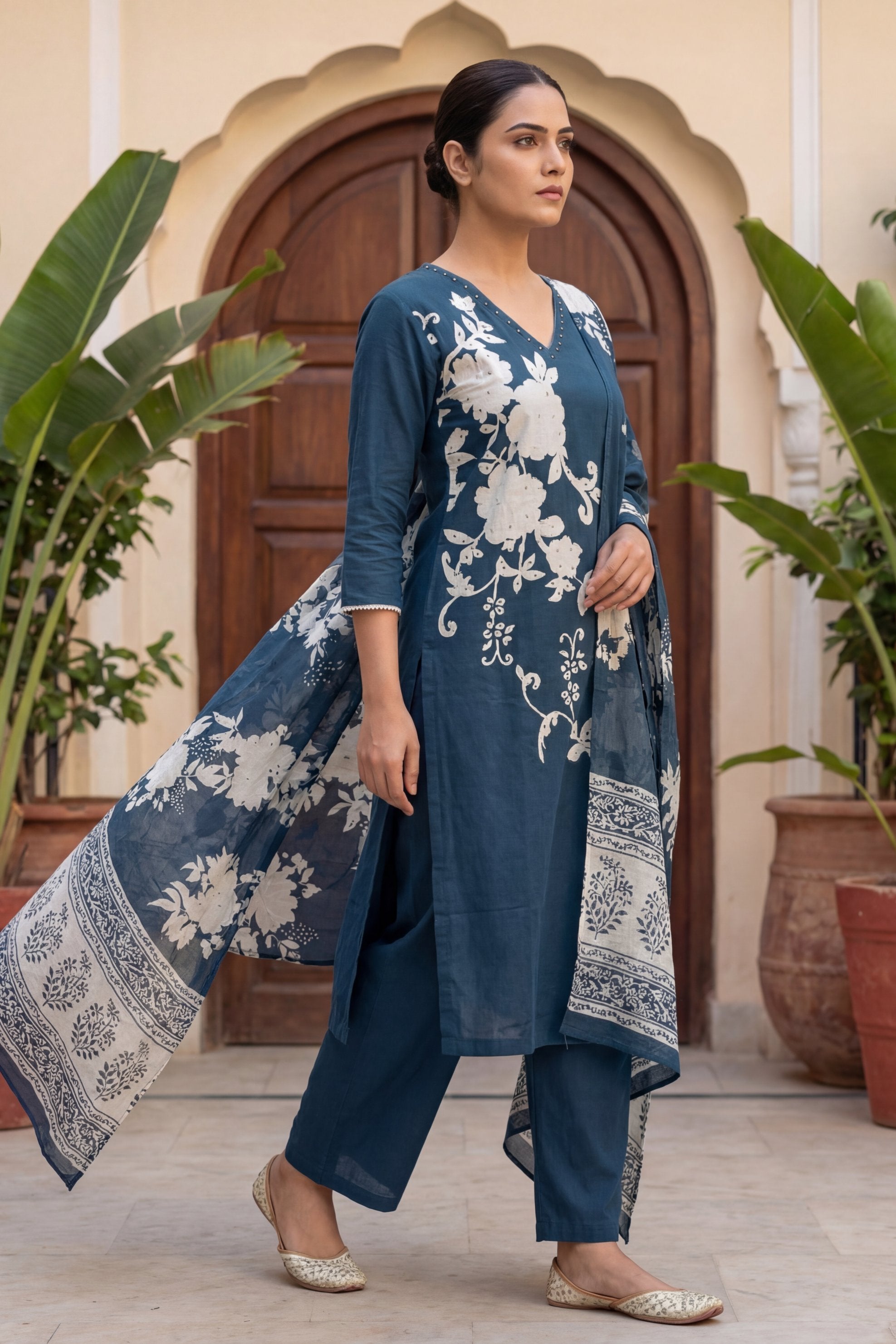 Cerulean Garden Pearl Floral Cotton Dupatta Set | Me&My