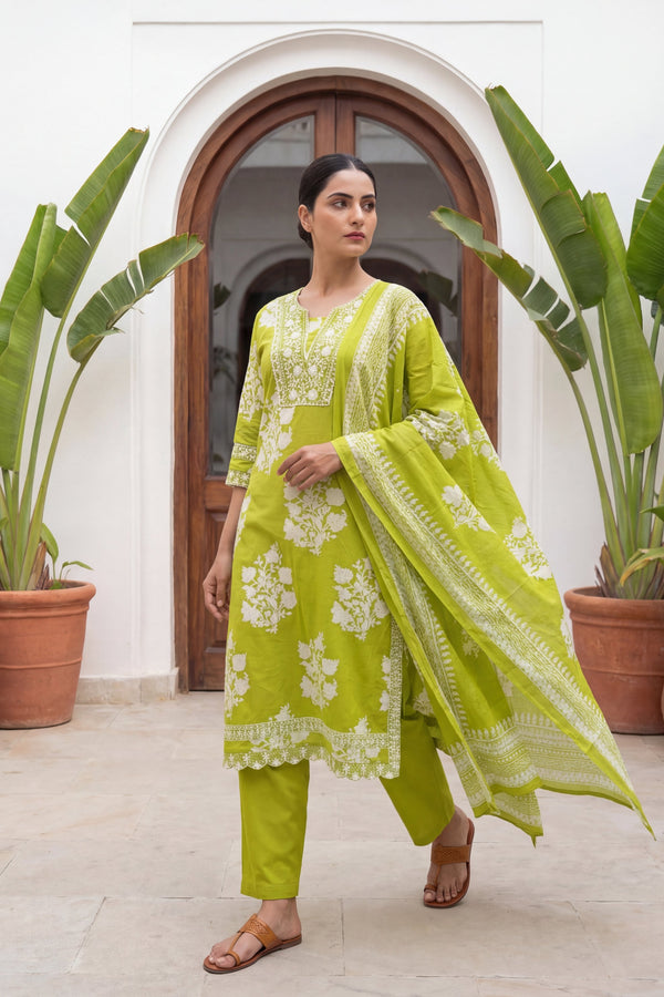 Lime Blossom Crest Floral Cotton Dupatta Set