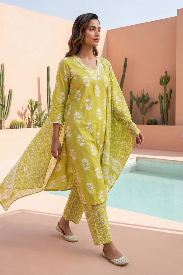 Lime Rosebud Garden Floral Cotton Dupatta Set