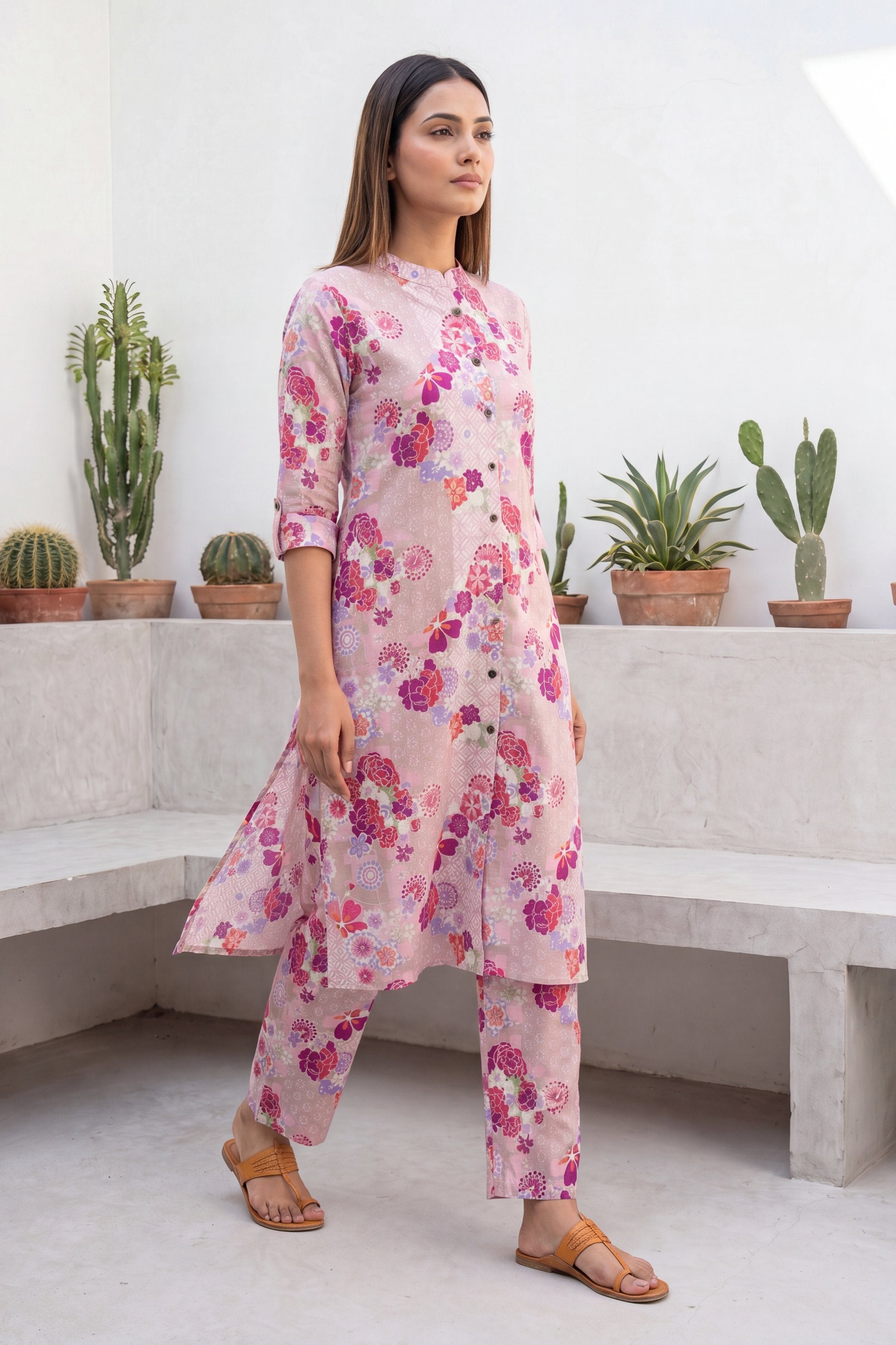 Petal Whisper Pink Mandarin Cotton Co-ord Set
