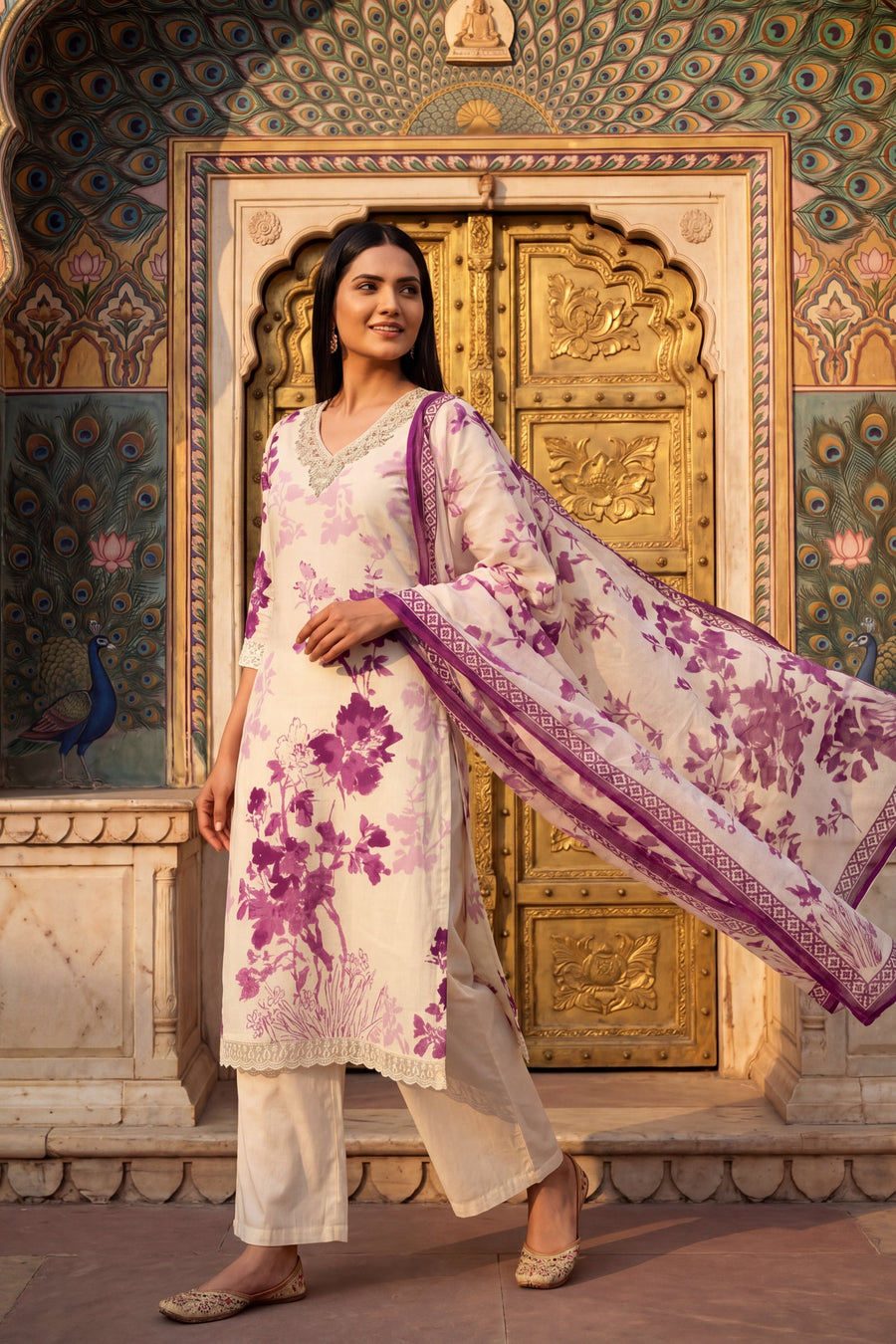Silk Road Echo Plum Scattered Floral Cotton Suit Set — image 3