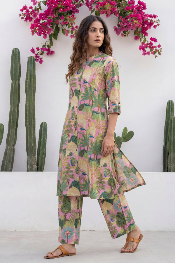 Peacock Palace Pink Tropical Cotton Co-ord Set