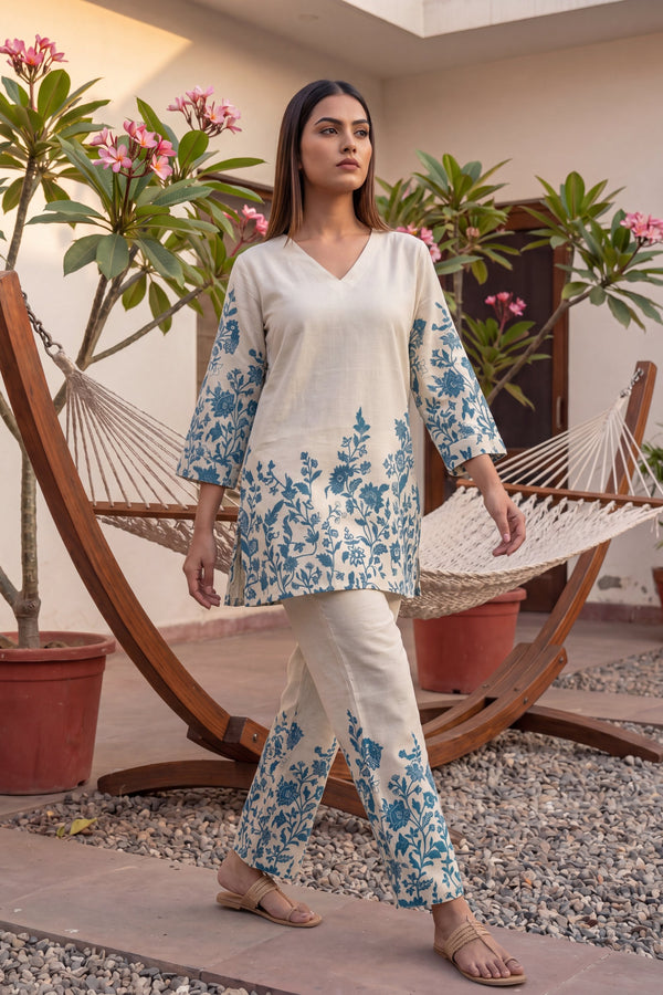Indigo Damask Off-White & Cobalt Floral Cotton Co-ord Set