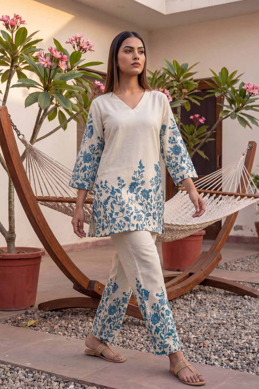 Indigo Damask Off-White & Cobalt Floral Cotton Co-ord Set — image 2