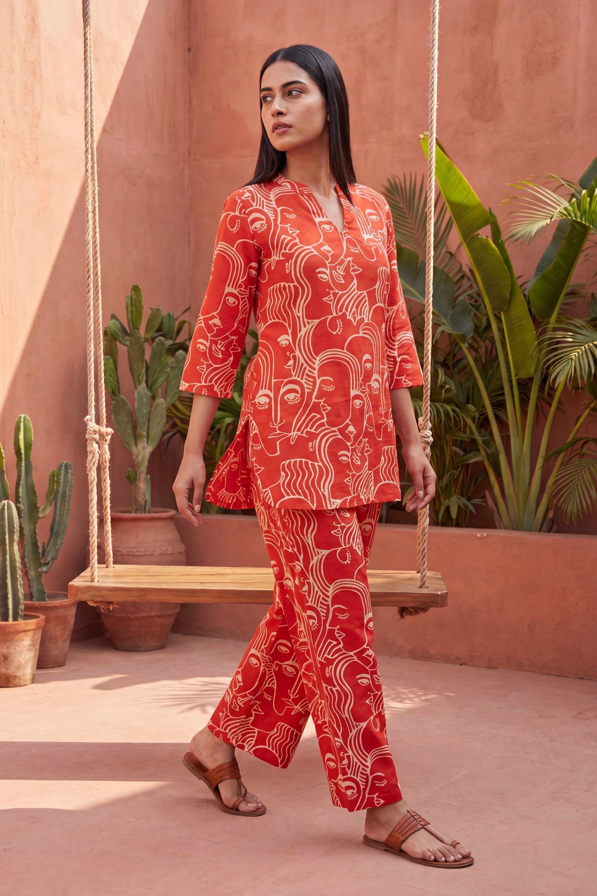 Sunlit Bloom Orange Anghrakha Cotton Co-ord Set