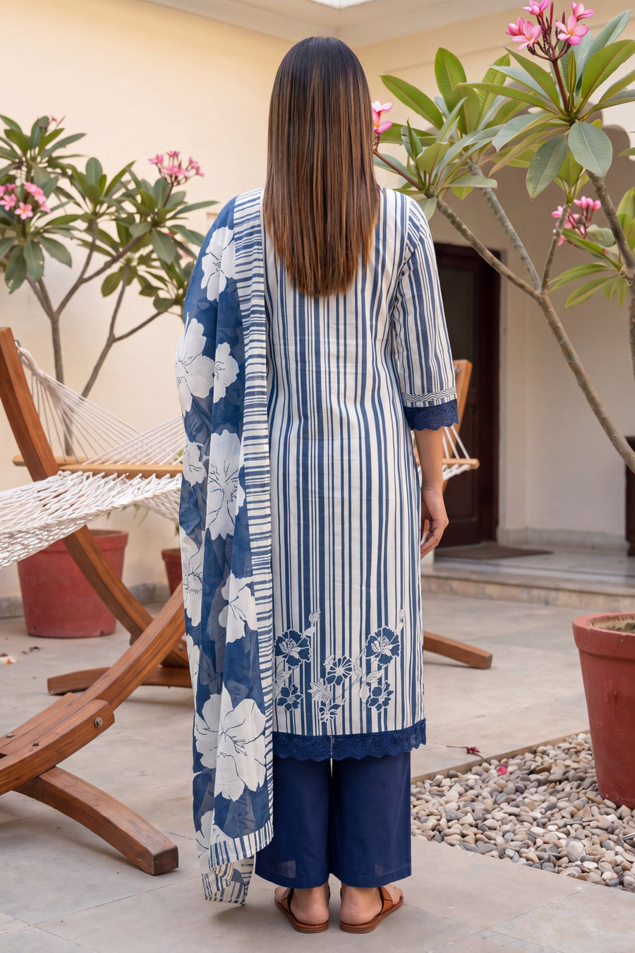 Shibori Mist Denim Dusk Striped & Floral Cotton Suit Set — image 2
