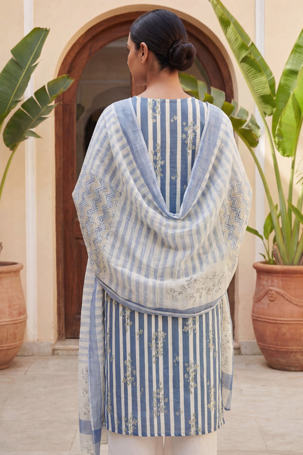 Slate Sprig Elegance Stripe Cotton Dupatta Set