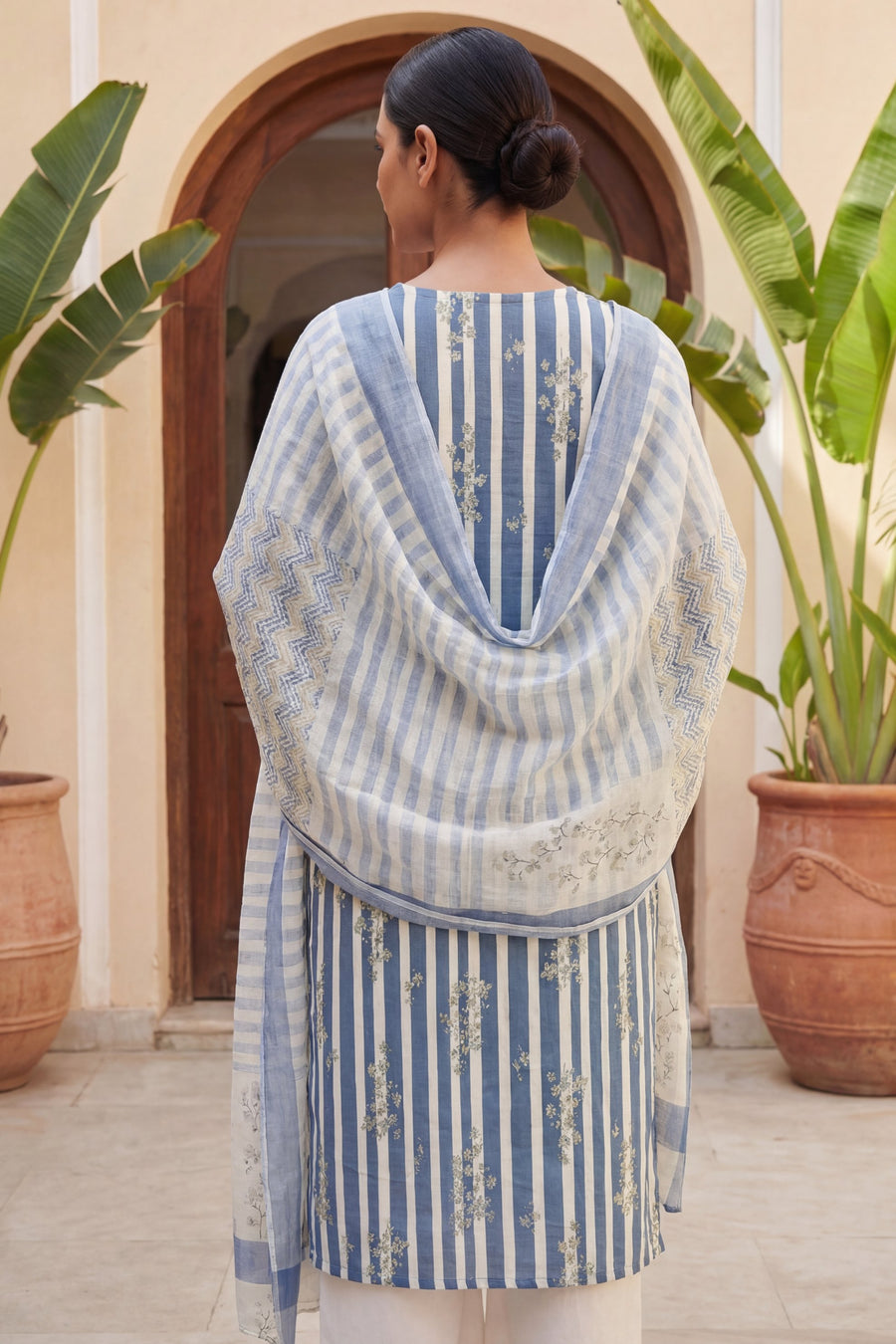 Slate Sprig Elegance Stripe Cotton Dupatta Set — image 2