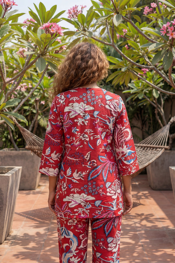 Avian Bloom Red Cotton Co-ord Set
