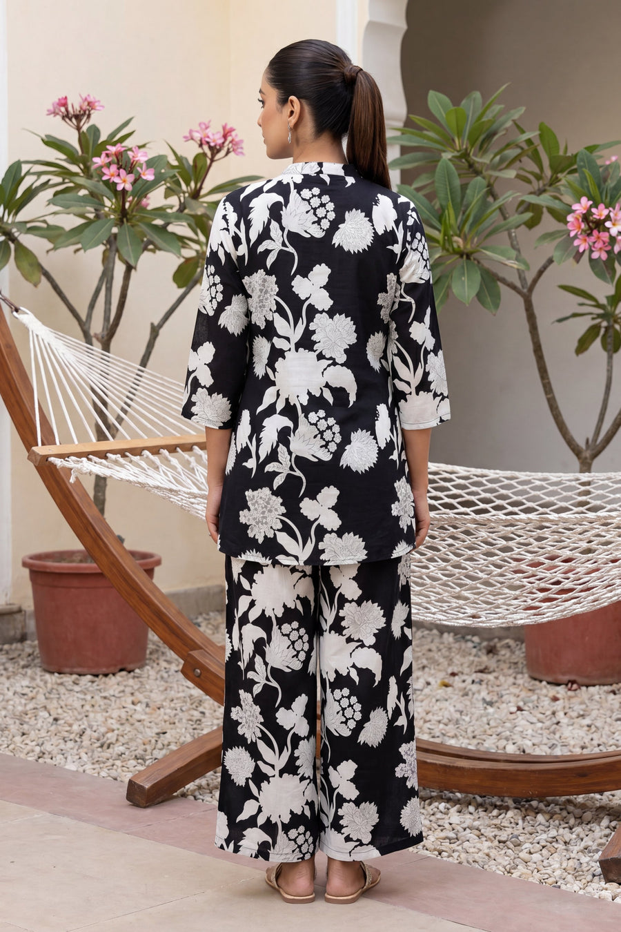 Royal Gardens Black Floral Print Angrakha Cotton Co-ord Set — image 7