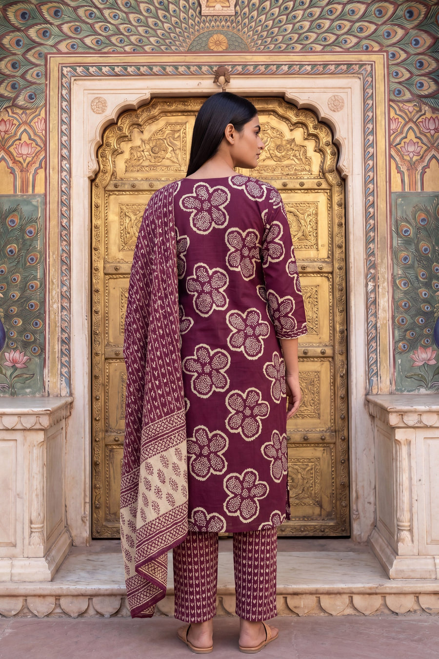 Woven Katha Plum Floral Cotton Suit Set — image 10