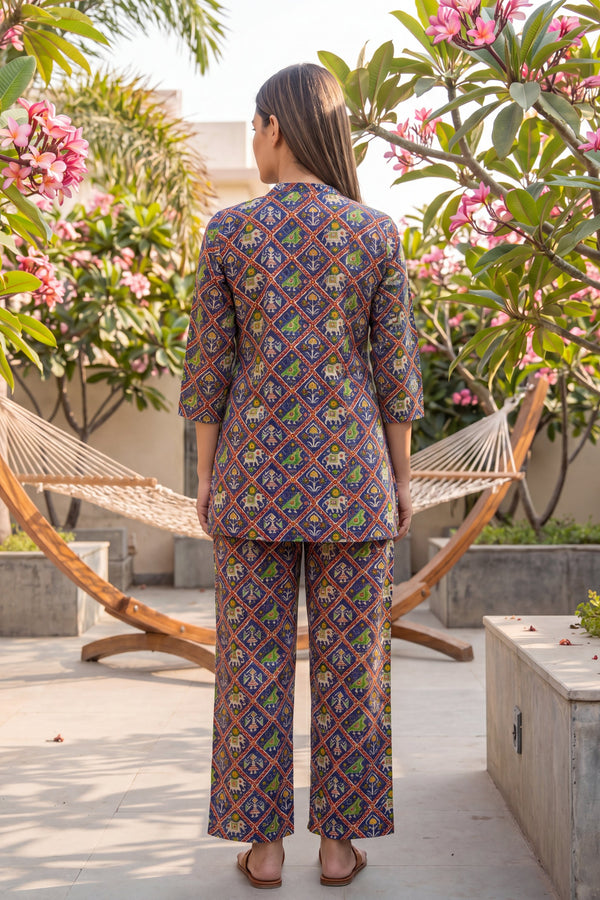 Cobalt Geometric Buti Cotton Co-ord Set