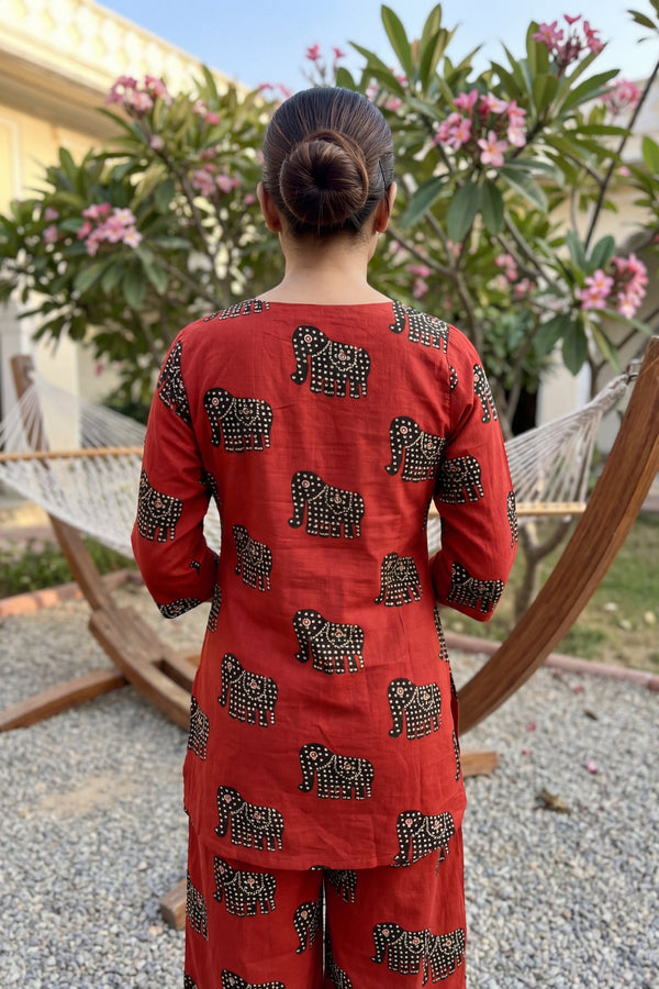 Crimson Angles: Red Geometric Cotton Co-ord Set