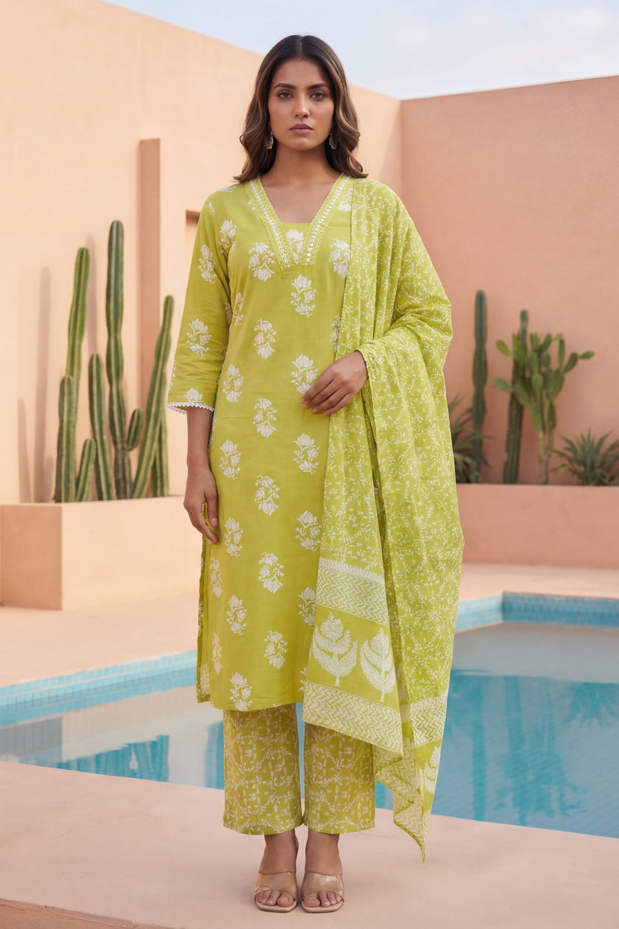 Lime Rosebud Garden Floral Cotton Dupatta Set — image 5
