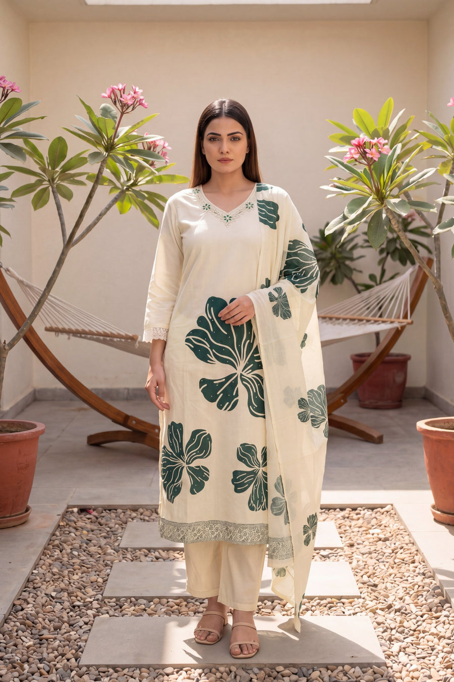 Sheesham Grove Ivory Leaf Print Cotton Suit Set — image 8