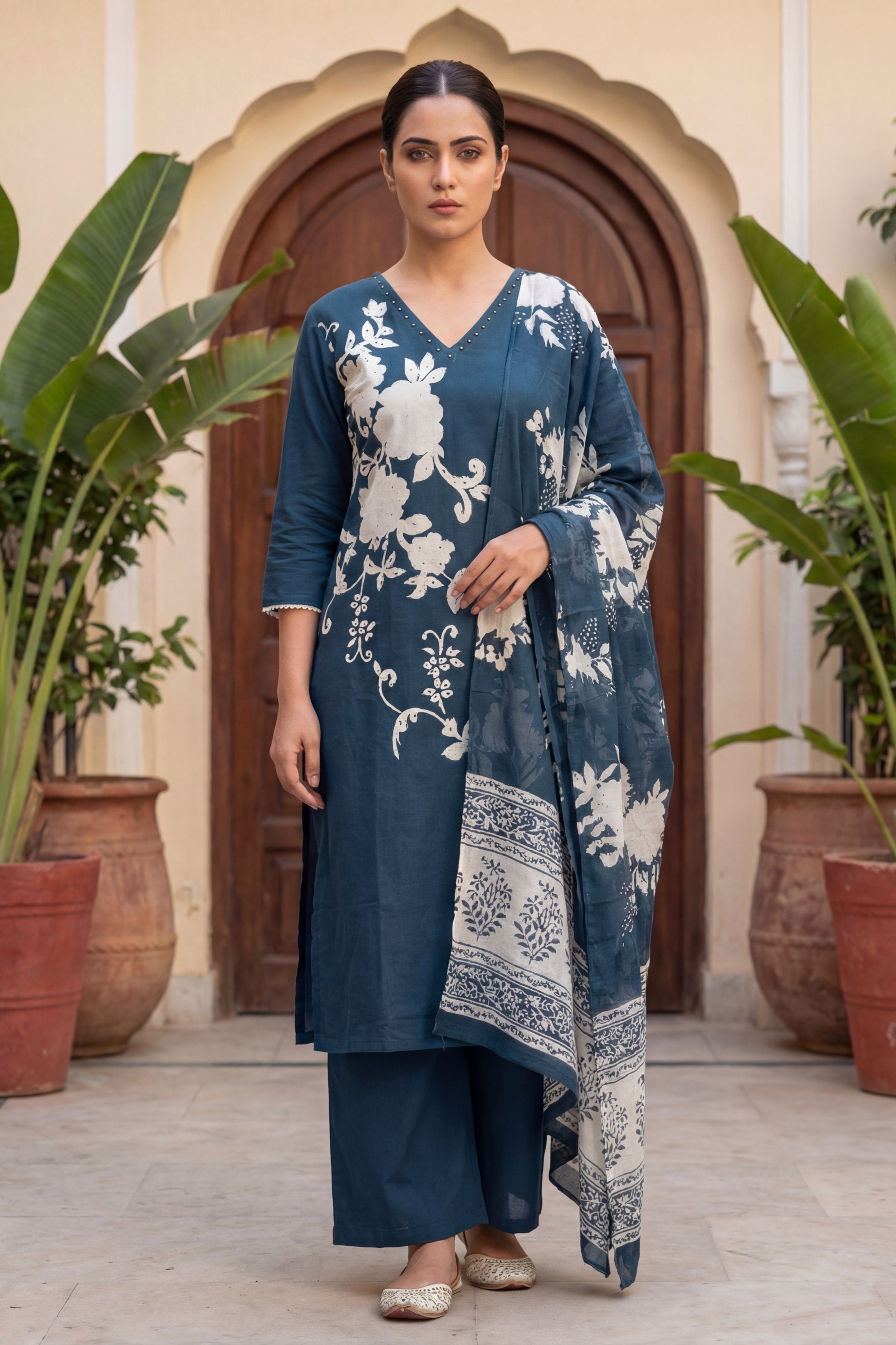Cerulean Garden Pearl Floral Cotton Dupatta Set | Me&My