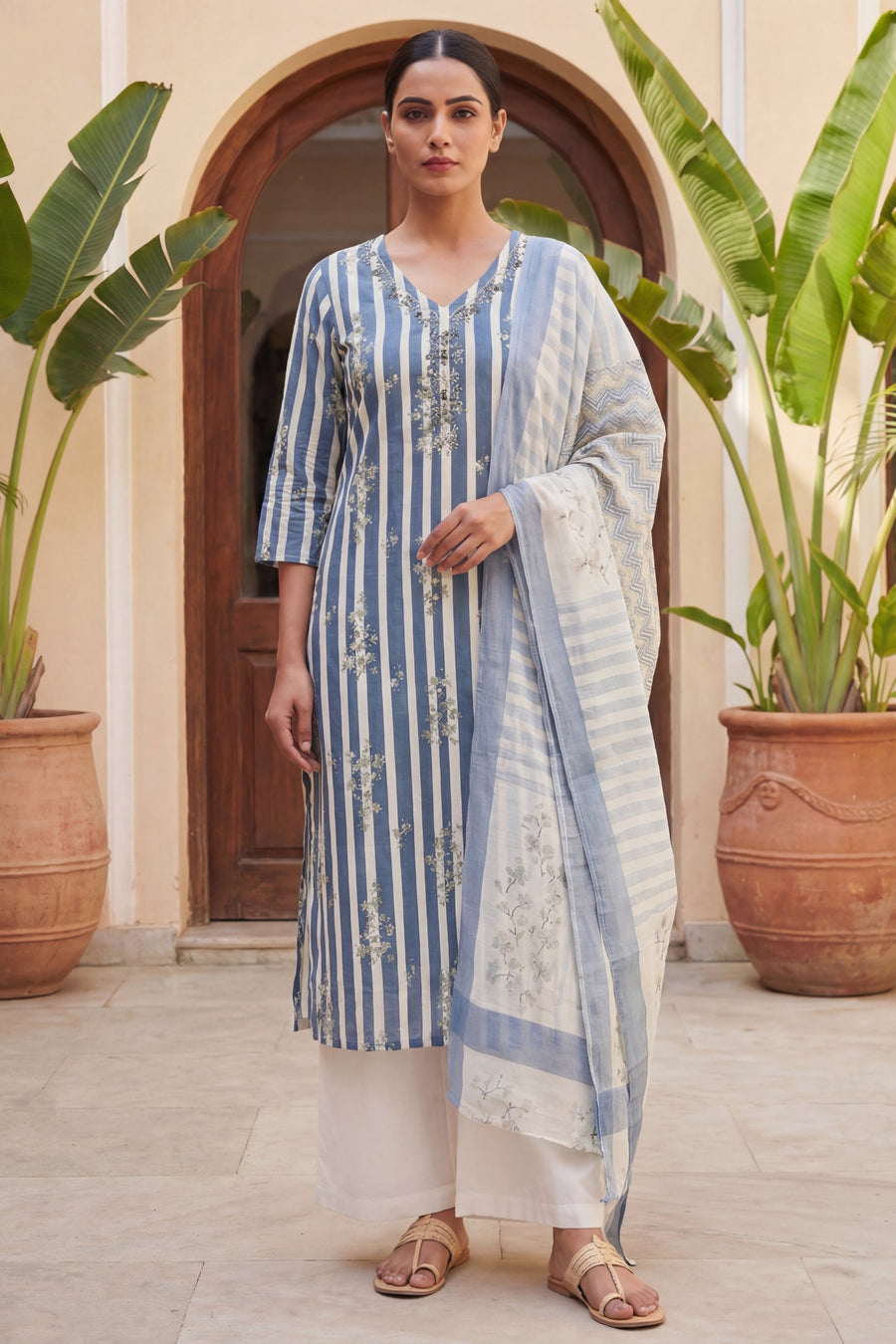 Slate Sprig Elegance Stripe Cotton Dupatta Set — image 8