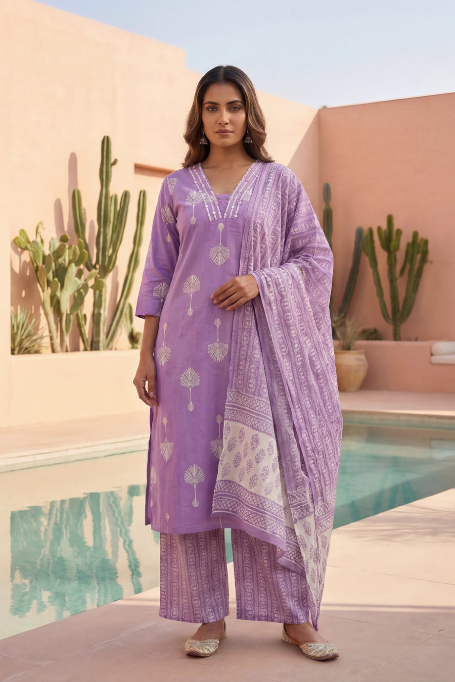 Lilac Palm Reverie Boota Cotton Dupatta Set — image 10