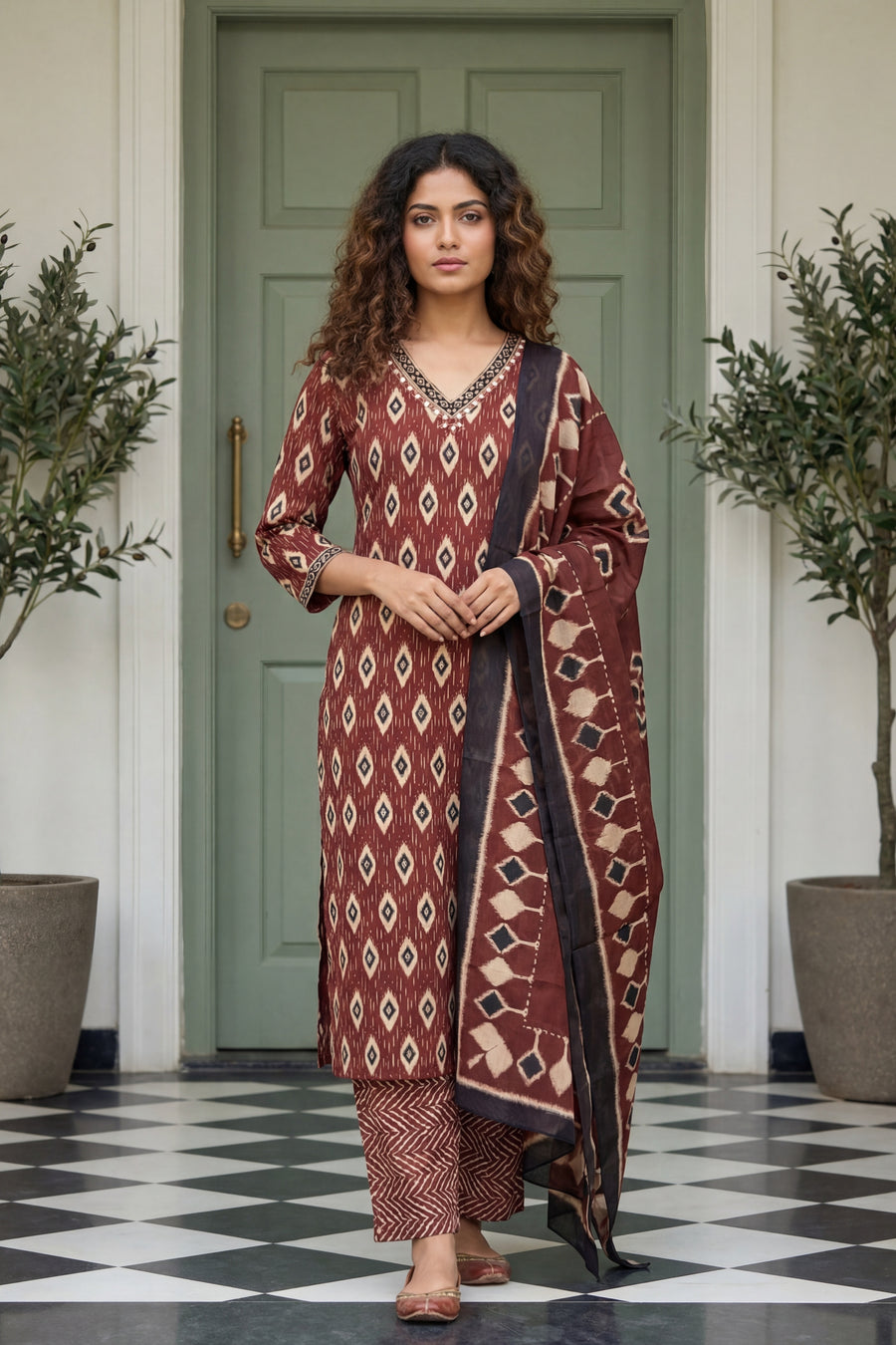 Burgundy Brilliance Cotton Kurta Dupatta Set — image 11