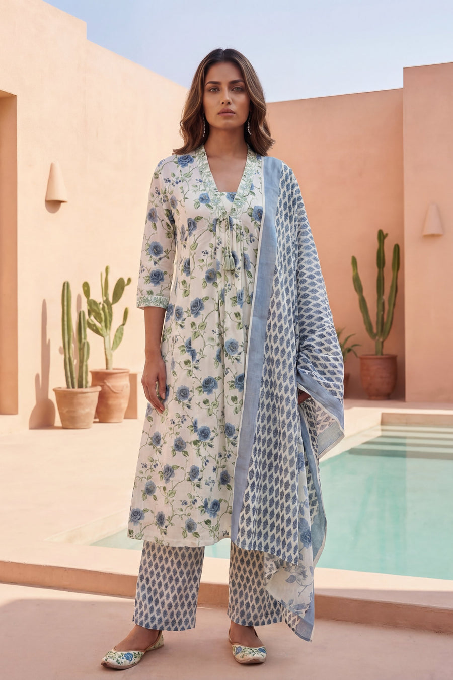 Ivory Rose Garden Blue Floral Cotton Dupatta Set — image 7