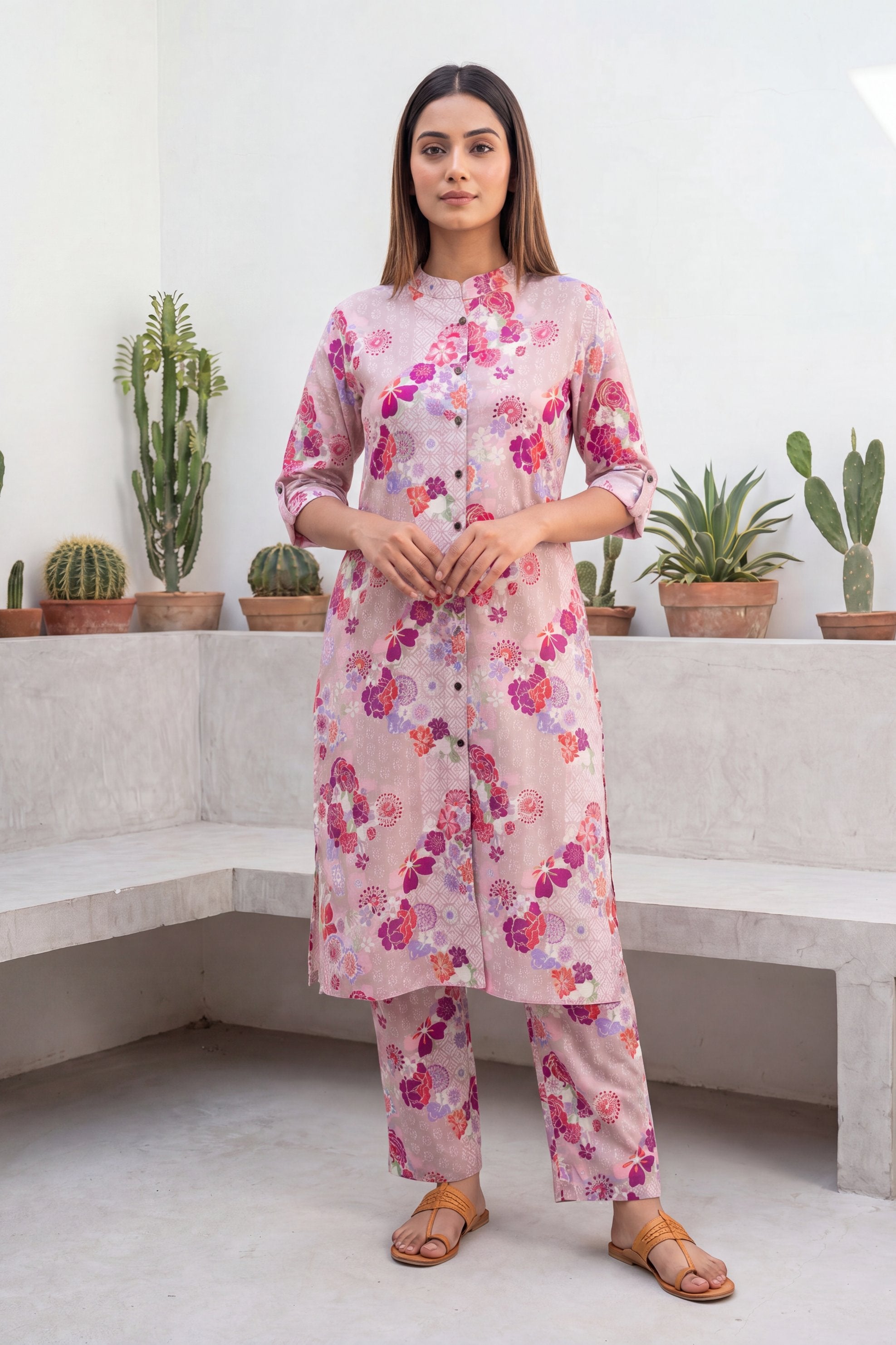 Petal Whisper Pink Mandarin Cotton Co-ord Set