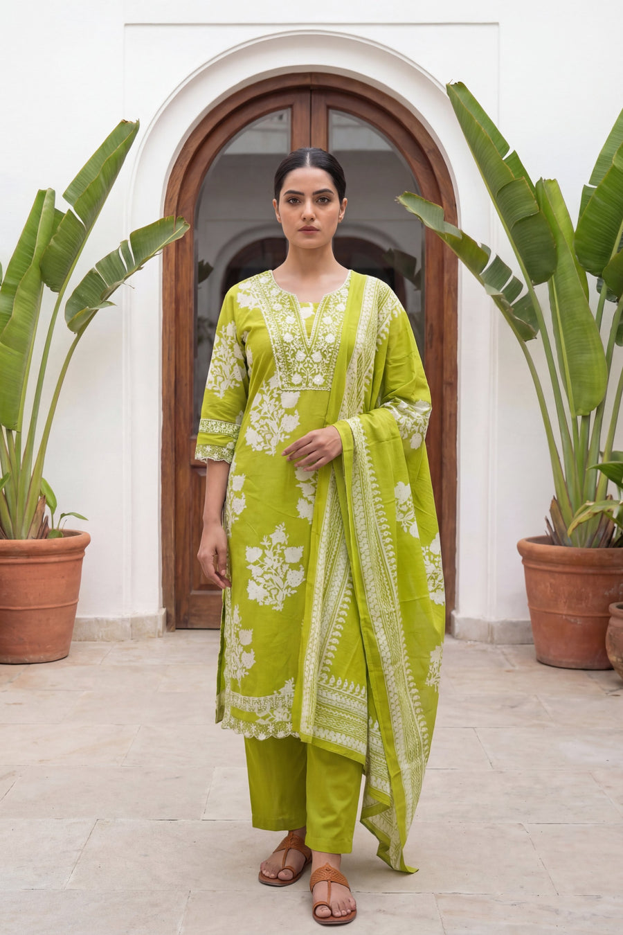 Lime Blossom Crest Floral Cotton Dupatta Set — image 7