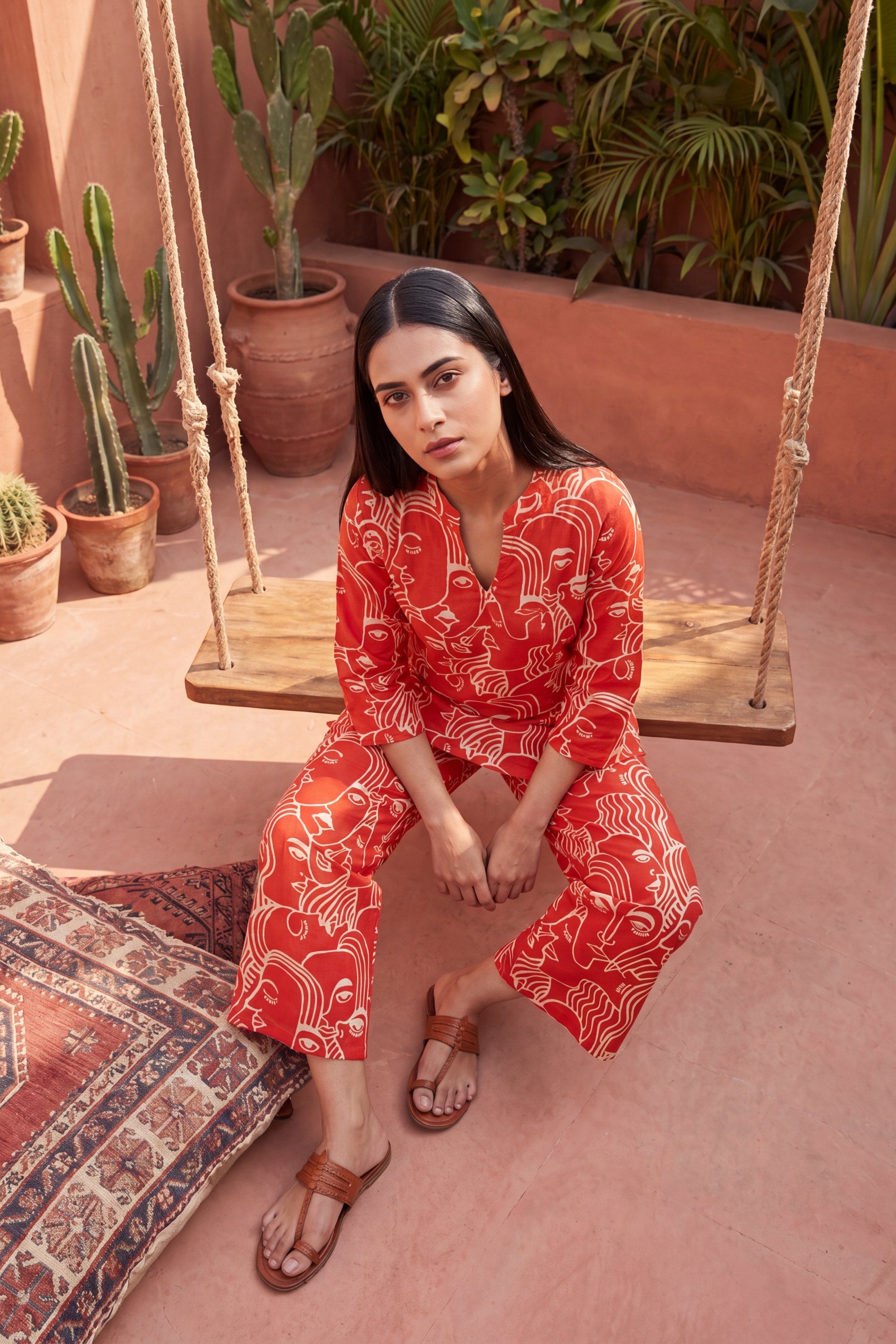 Sunlit Bloom Orange Anghrakha Cotton Co-ord Set