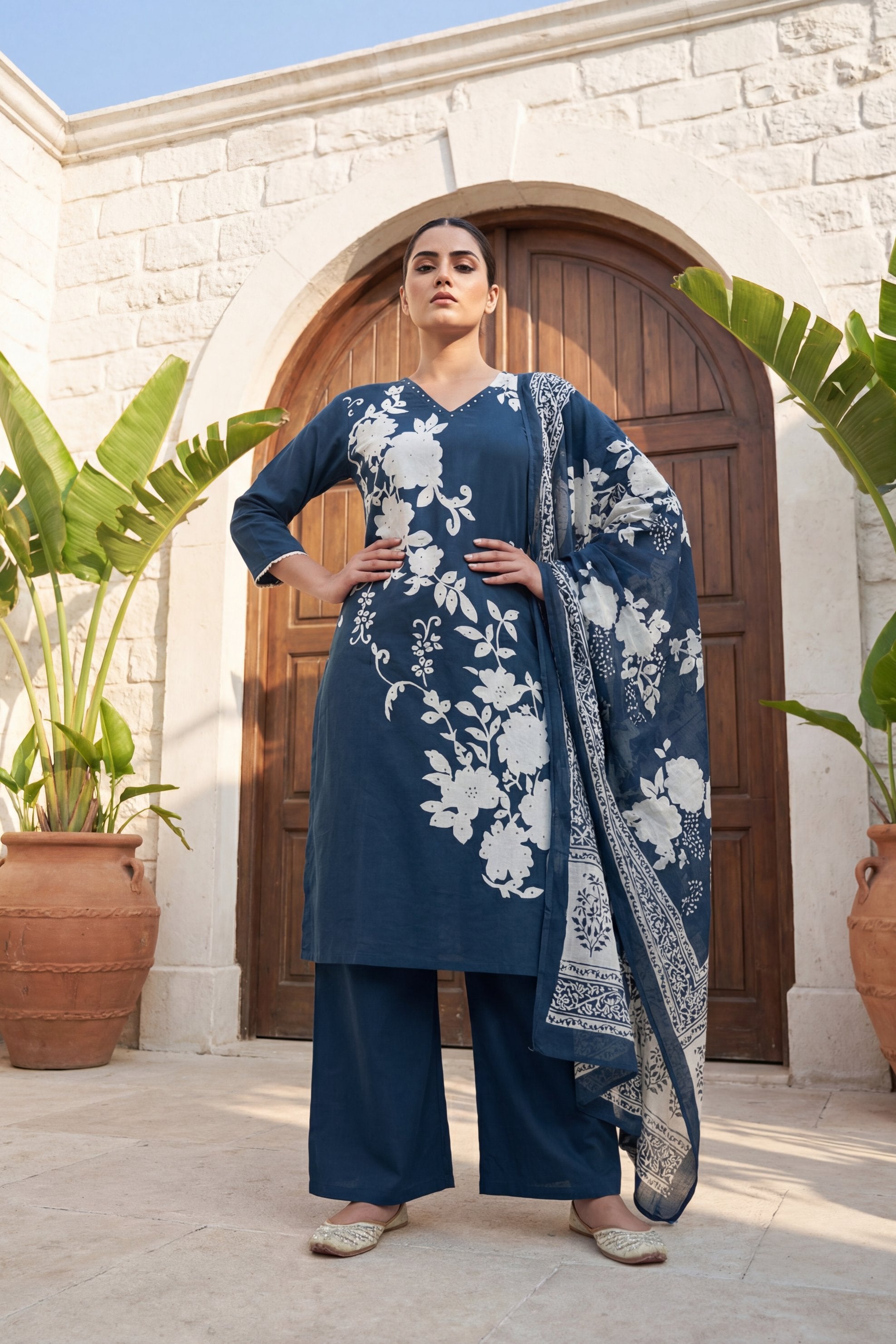 Cerulean Garden Pearl Floral Cotton Dupatta Set | Me&My