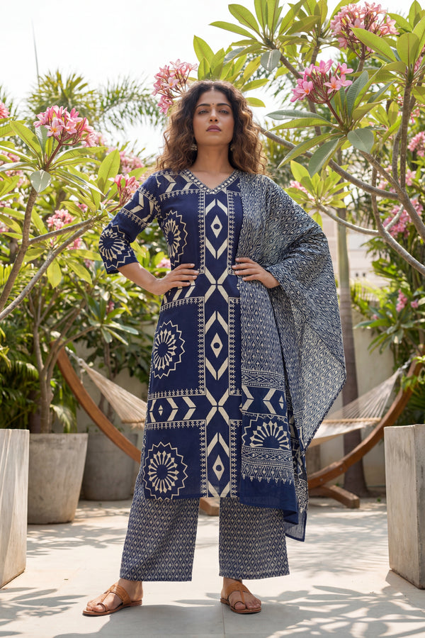 Midnight Symmetry Cotton Angrakha Dupatta Set