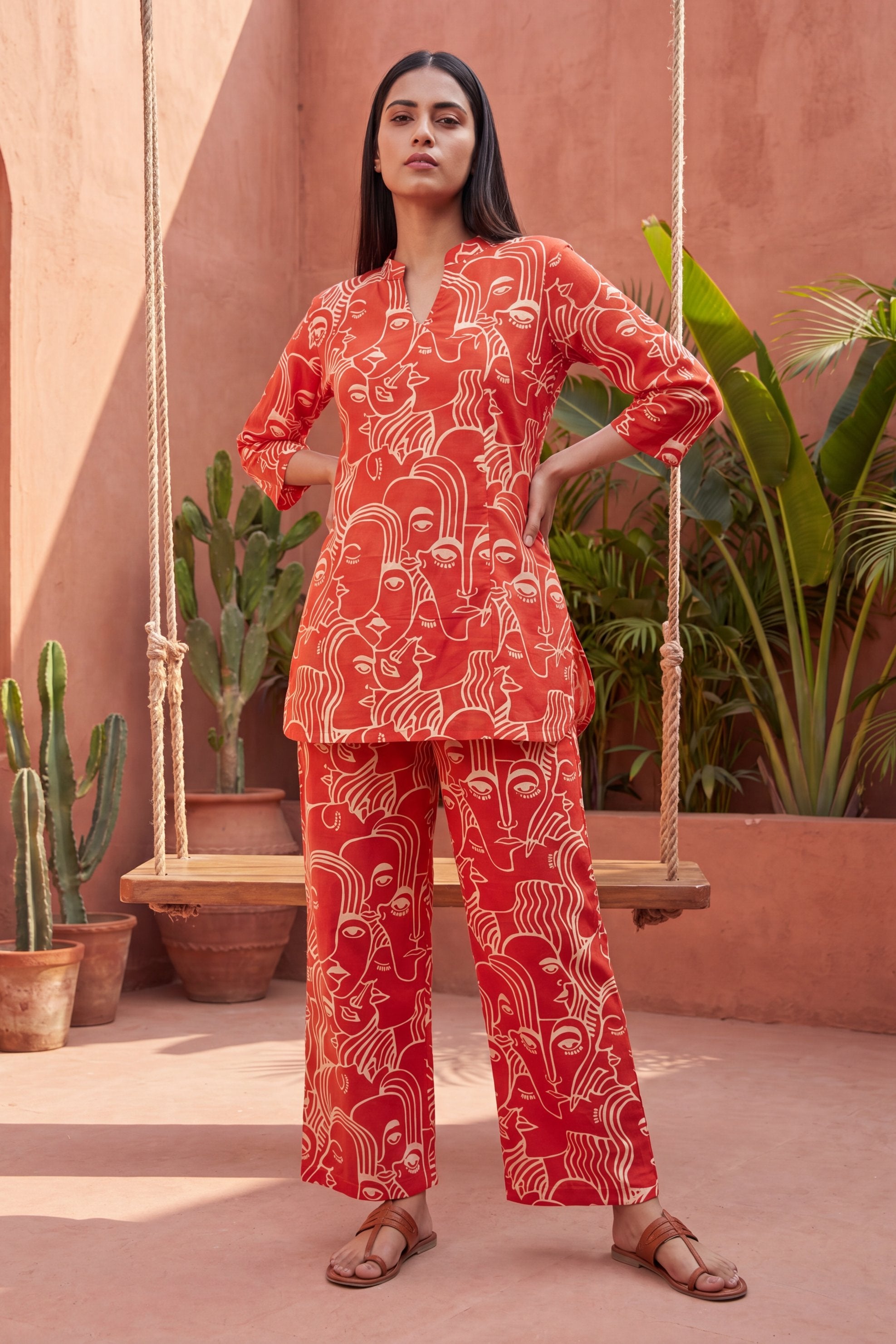 Sunlit Bloom Orange Anghrakha Cotton Co-ord Set