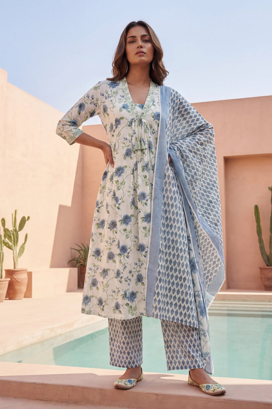 Ivory Rose Garden Blue Floral Cotton Dupatta Set — image 8