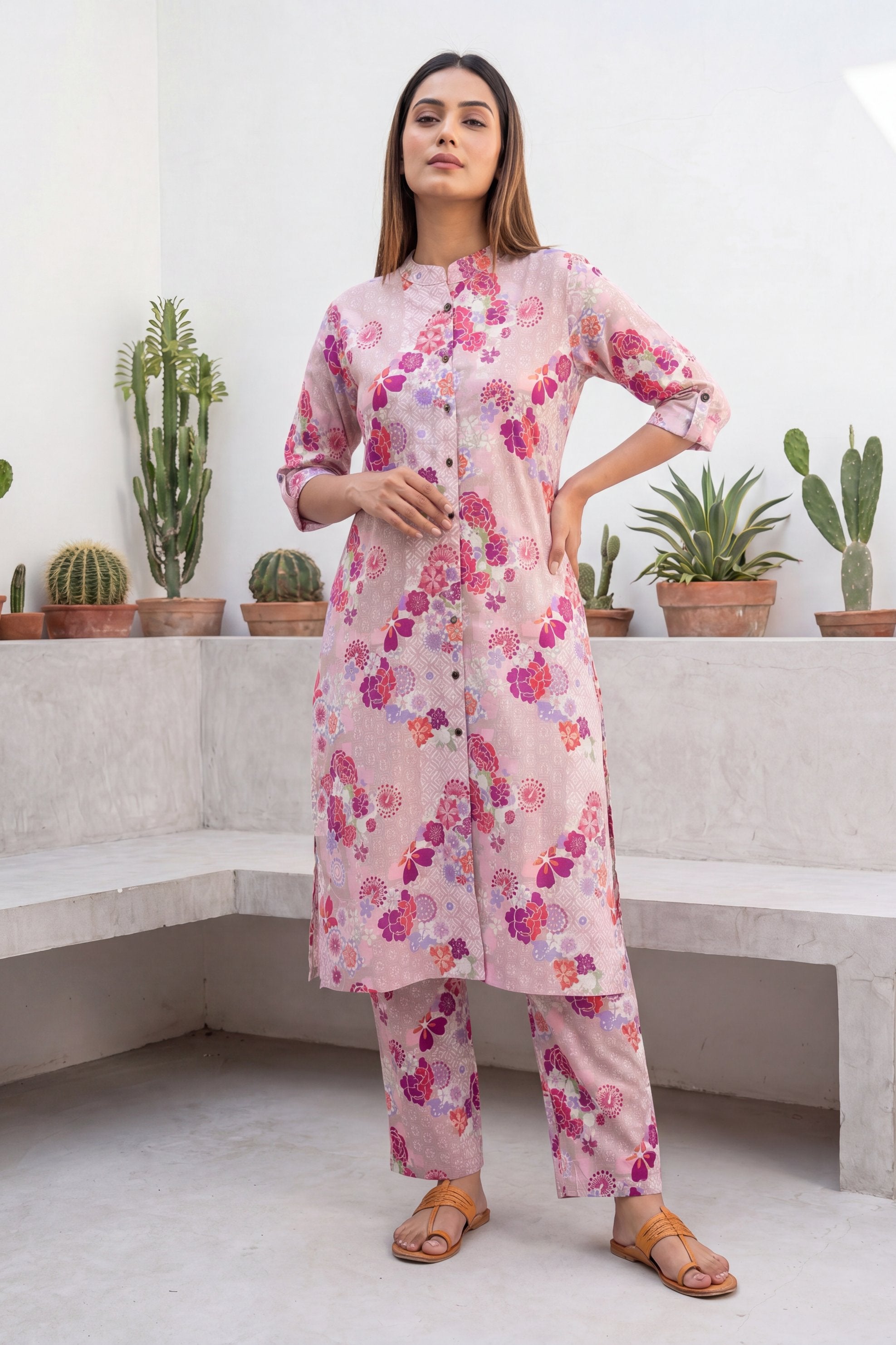 Petal Whisper Pink Mandarin Cotton Co-ord Set