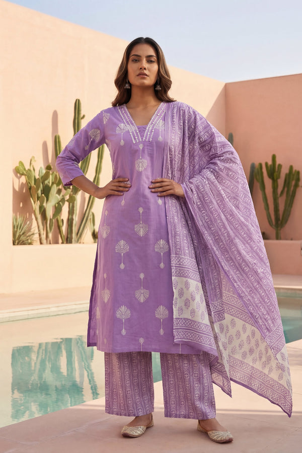 Lilac Palm Reverie Boota Cotton Dupatta Set