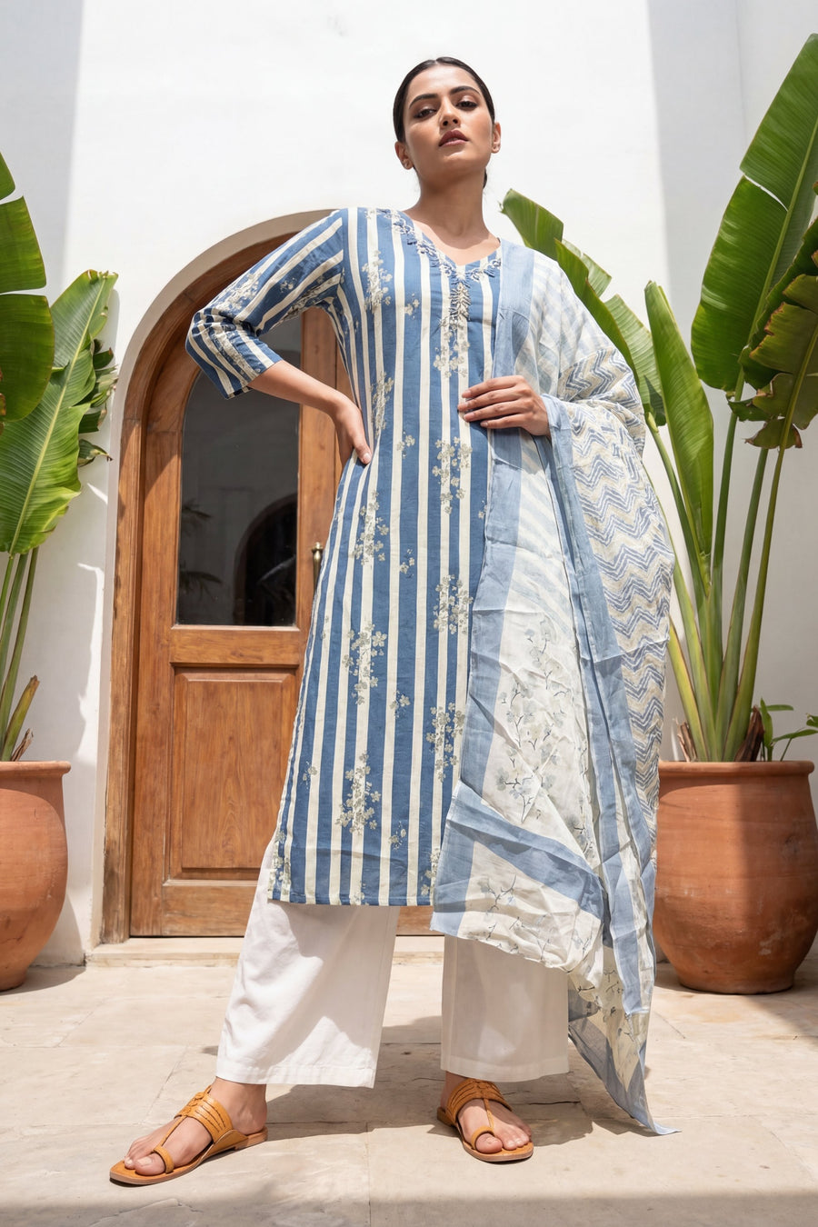 Slate Sprig Elegance Stripe Cotton Dupatta Set — image 6